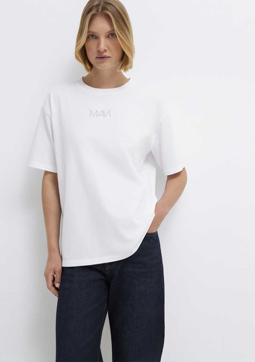 Mavi Logo Baskılı Beyaz Loose Fit Kadın Tişört 1613884-620 - 2