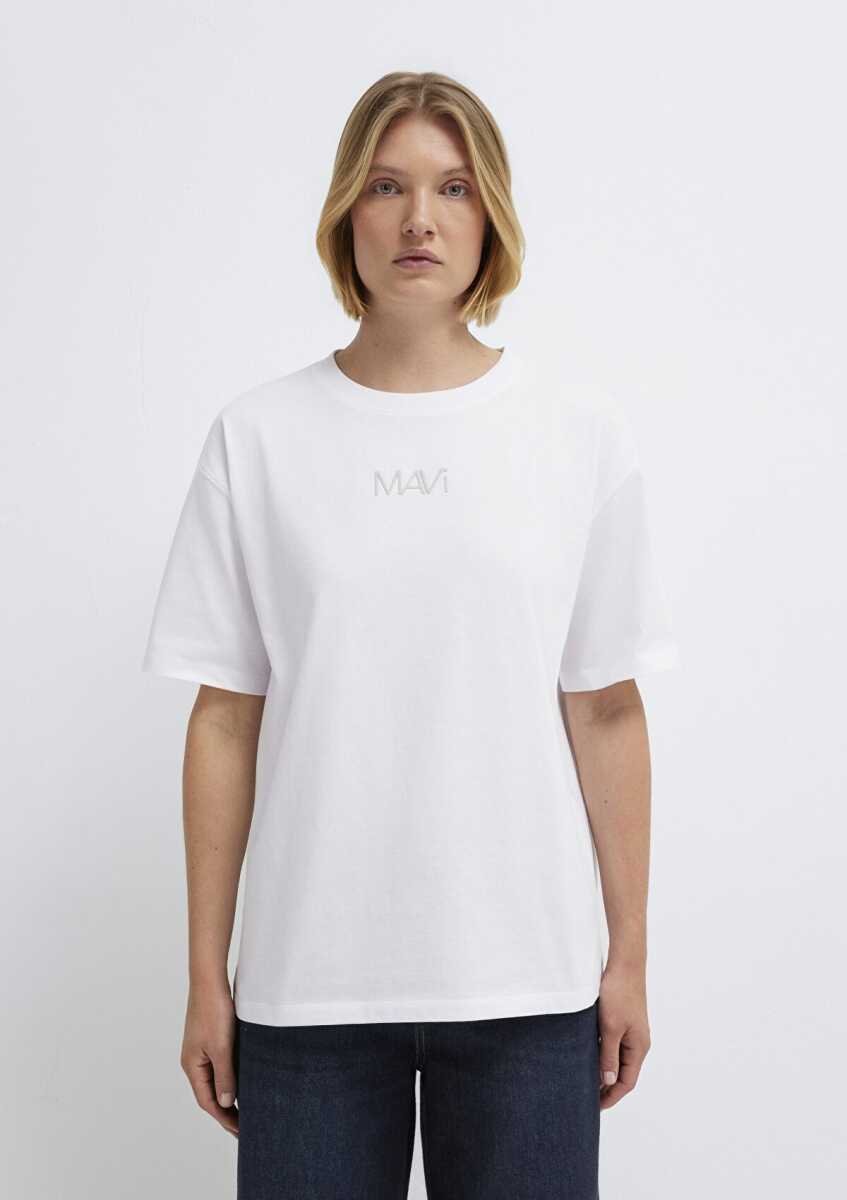 Mavi Logo Baskılı Beyaz Loose Fit Kadın Tişört 1613884-620 - 3