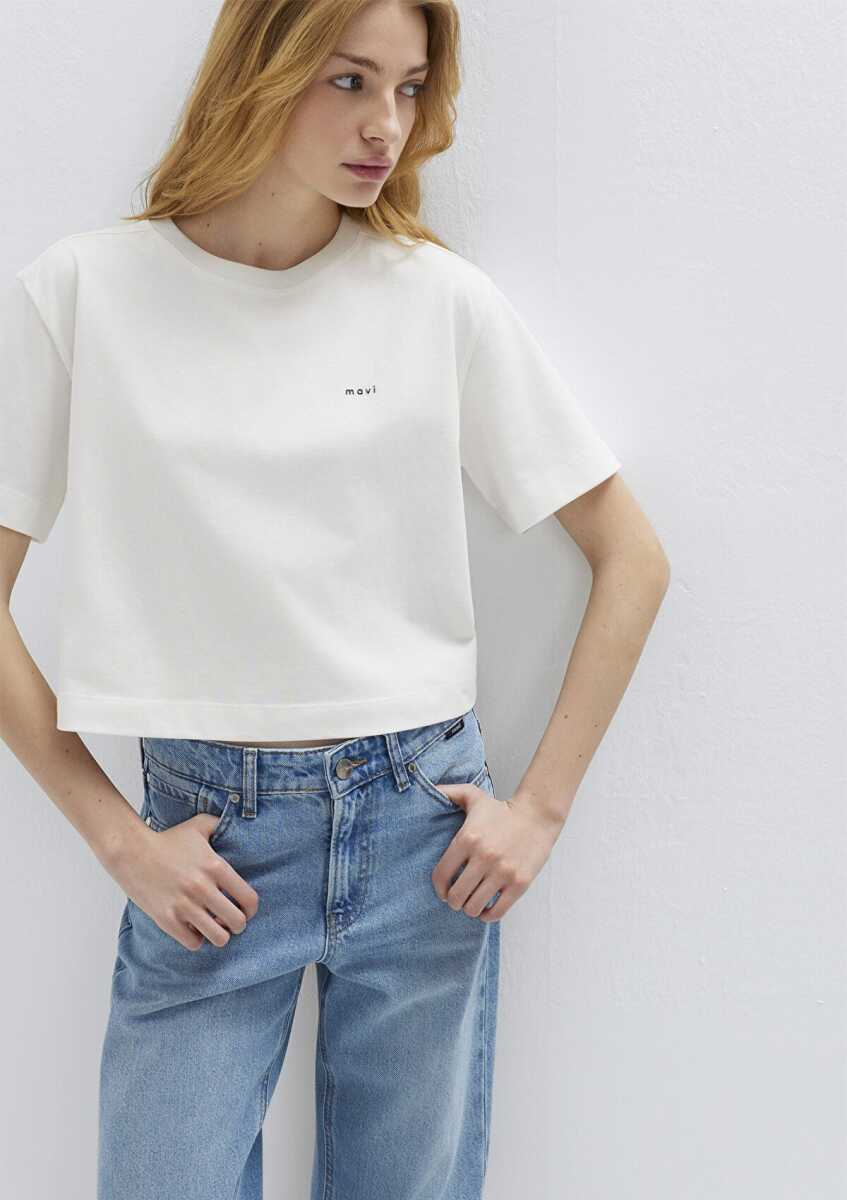 Mavi Logo Baskılı Ekru Crop Kadın Tişört 1613984-70057