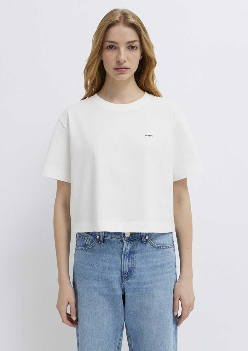Mavi Logo Baskılı Ekru Crop Kadın Tişört 1613984-70057 - 3