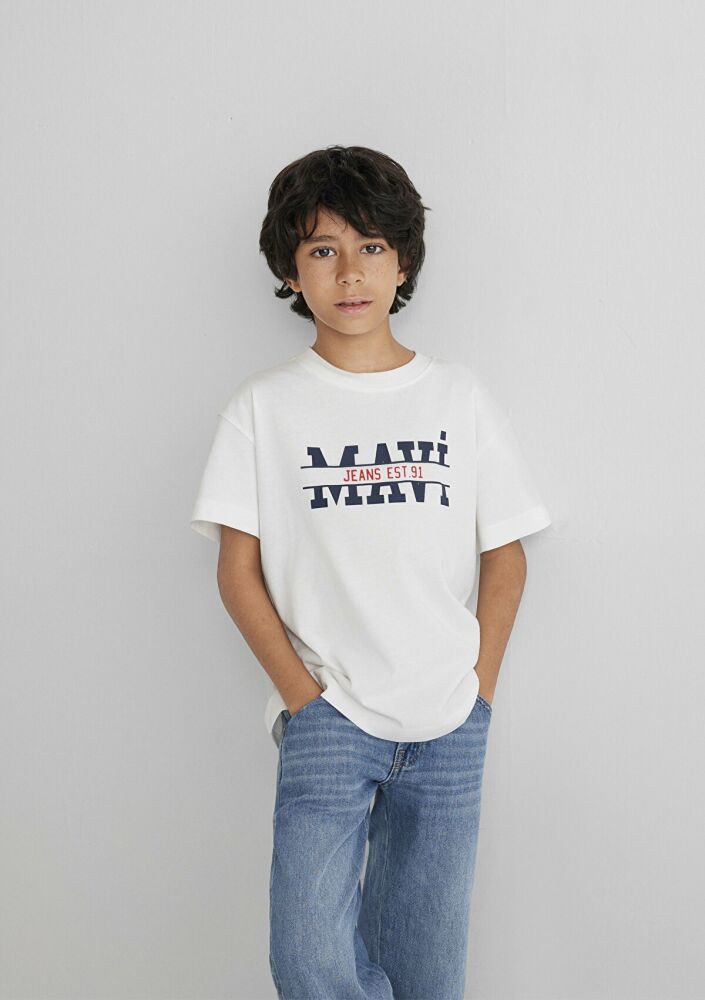 Mavi Logo Baskılı Ekru Loose Fit Çocuk Tişört 6610397-70057 (1)