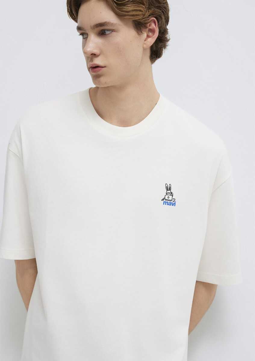 Mavi Logo Baskılı Ekru Oversize Erkek Tişört 0613178-70057 - 1