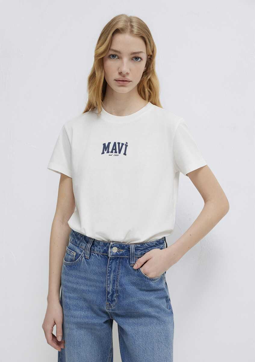 Mavi Logo Baskılı Ekru Regular Fit Kadın Tişört 1613412-70057 - 1