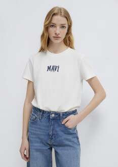 Mavi Logo Baskılı Ekru Regular Fit Kadın Tişört 1613412-70057