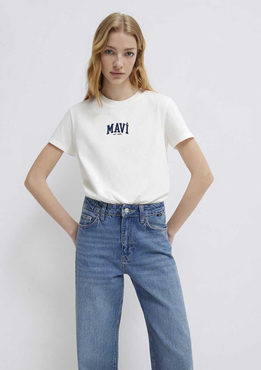 Mavi Logo Baskılı Ekru Regular Fit Kadın Tişört 1613412-70057 - 2