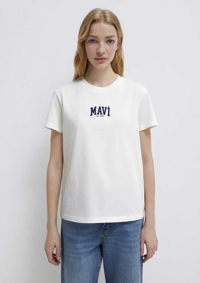 Mavi Logo Baskılı Ekru Regular Fit Kadın Tişört 1613412-70057 - 3