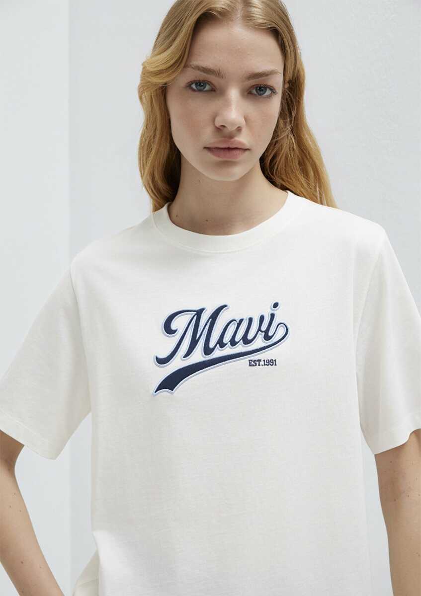 Mavi Logo Baskılı Ekru Regular Fit Kadın Tişört 1613565-80194