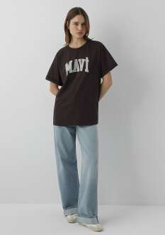 Mavi Logo Baskılı Kahverengi Oversize Kadın Tişört 1600843-70240 