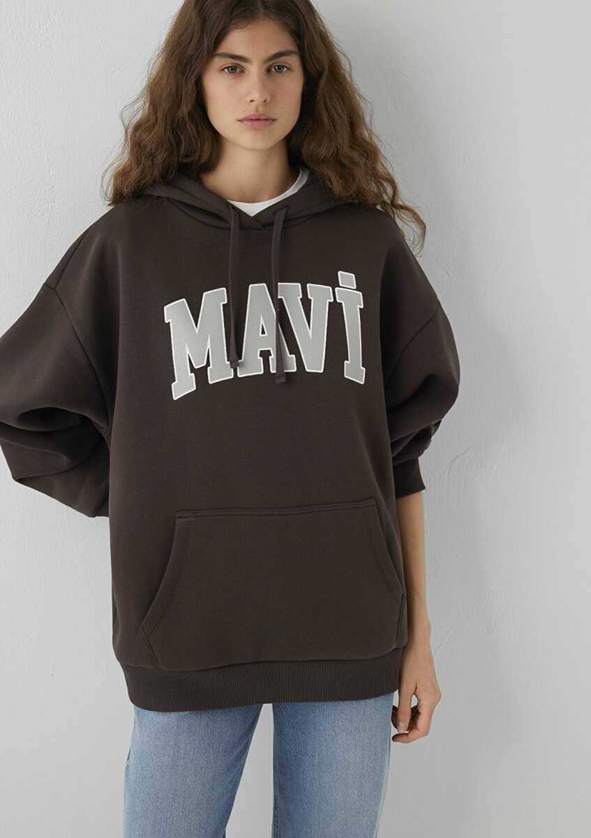 Mavi Logo Baskılı Kapüşonlu Kahverengi Oversize Kadın Sweatshirt 1600361-70240 - 2