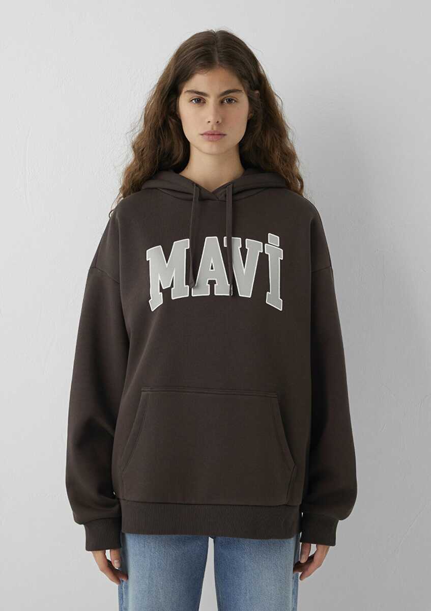 Mavi Logo Baskılı Kapüşonlu Kahverengi Oversize Kadın Sweatshirt 1600361-70240 - 3