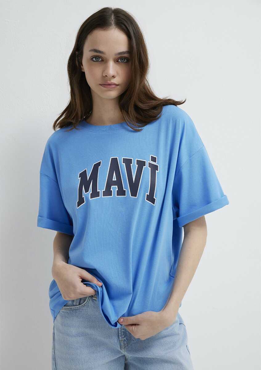 Mavi Logo Baskılı Oversize Mavi Kadın Tişört 1600843-91478 - 1