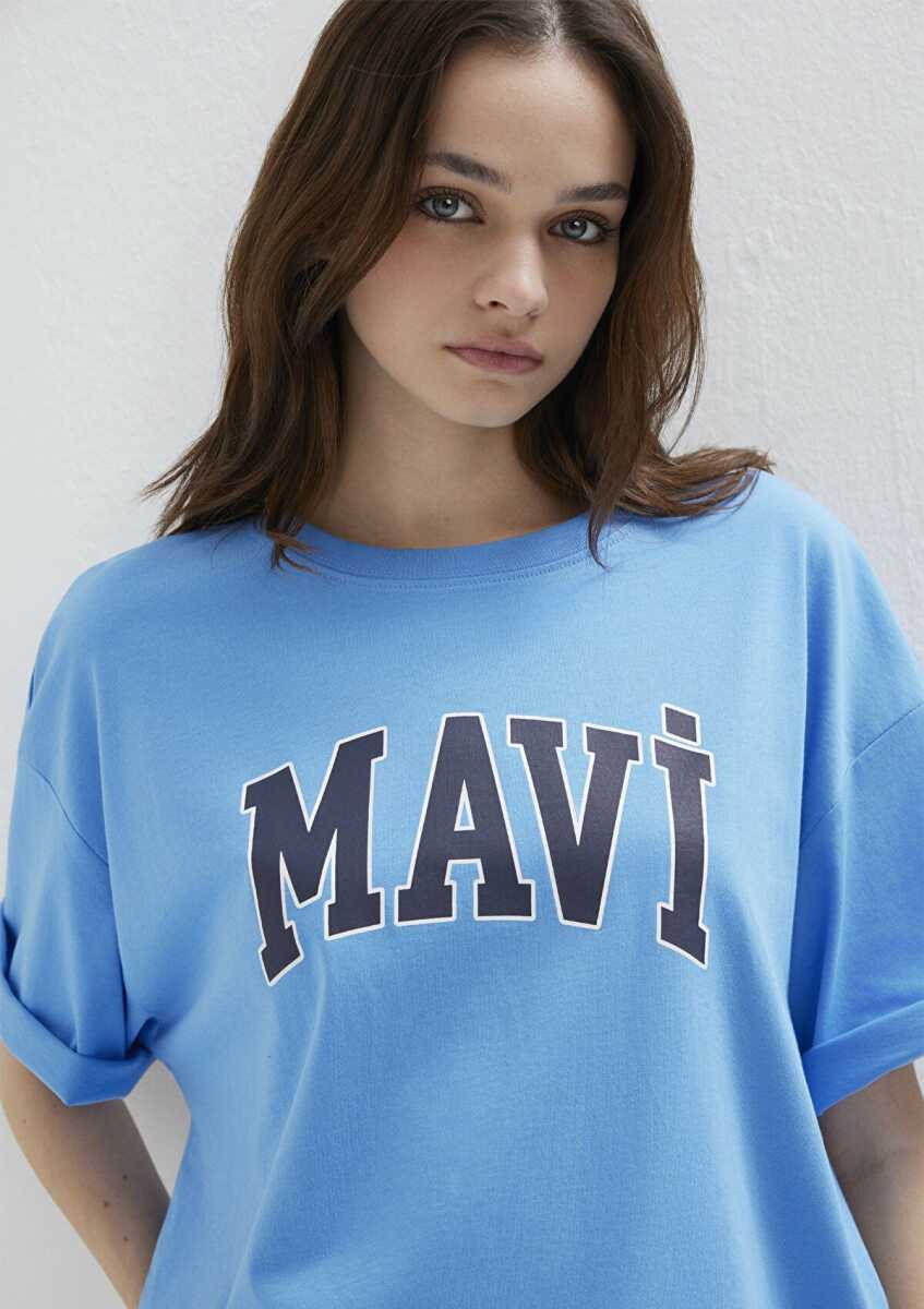 Mavi Logo Baskılı Oversize Mavi Kadın Tişört 1600843-91478 - 2