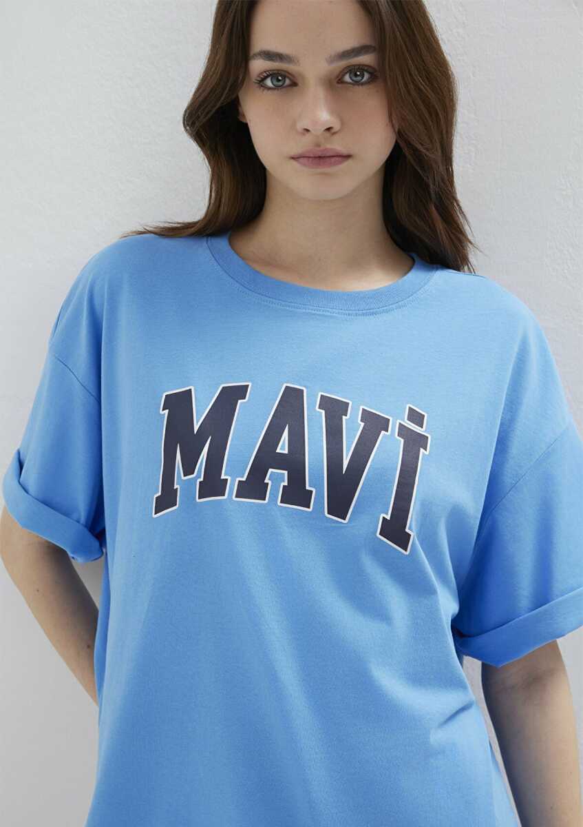 Mavi Logo Baskılı Oversize Mavi Kadın Tişört 1600843-91478 - 3