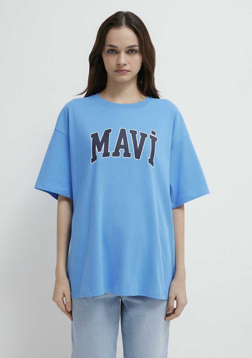 Mavi Logo Baskılı Oversize Mavi Kadın Tişört 1600843-91478 - 4