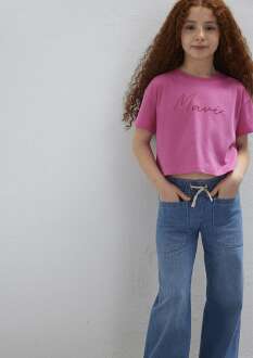 Mavi Logo Baskılı Pembe Crop Loose Fit Çocuk Tişört 7610181-91355 