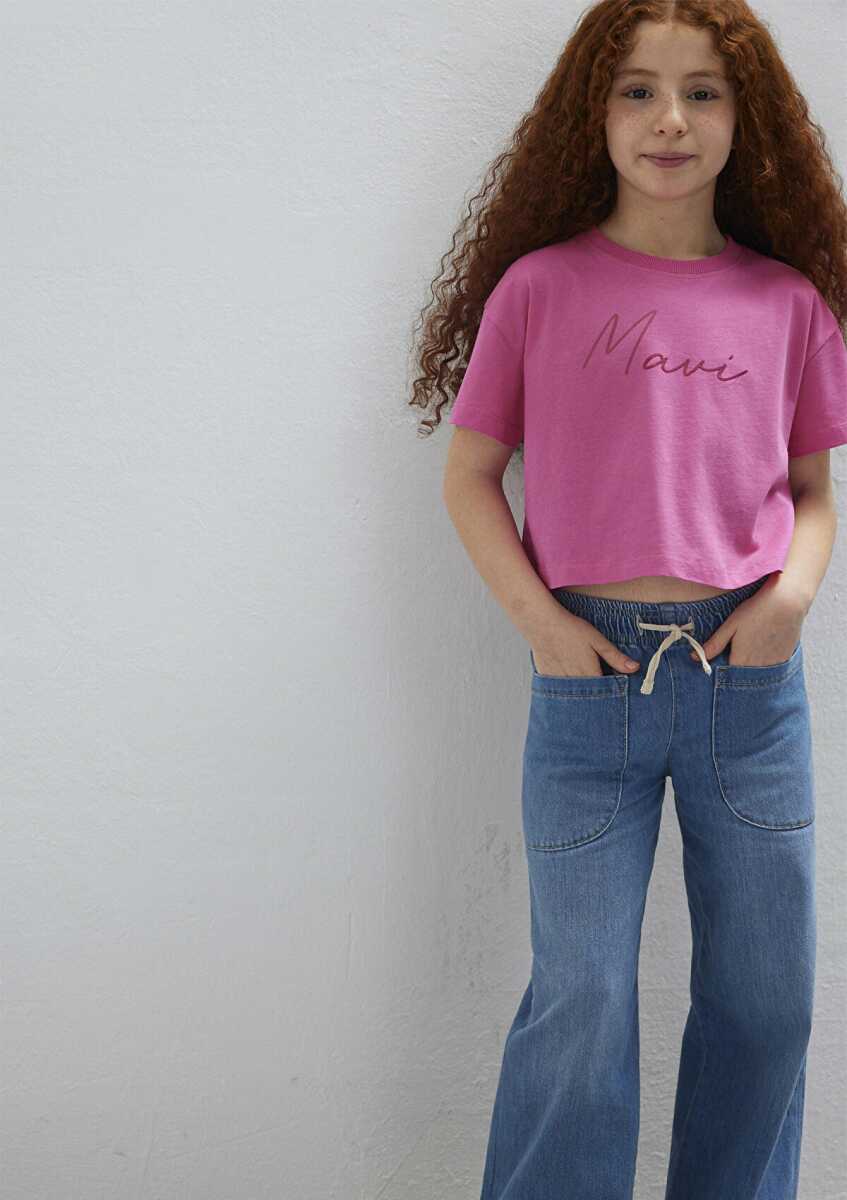 Mavi Logo Baskılı Pembe Crop Loose Fit Çocuk Tişört 7610181-91355 - 1