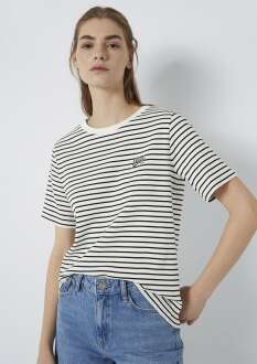 Mavi Logo Baskılı Siyah Çizgili Kadın Tişört 1613715-85143 