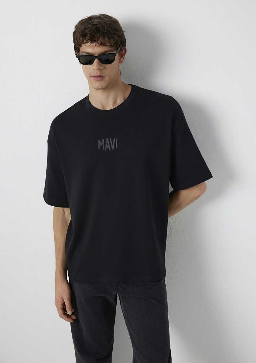 Mavi Logo Baskılı Siyah Oversize Erkek Tişört 0613581-900 - 1