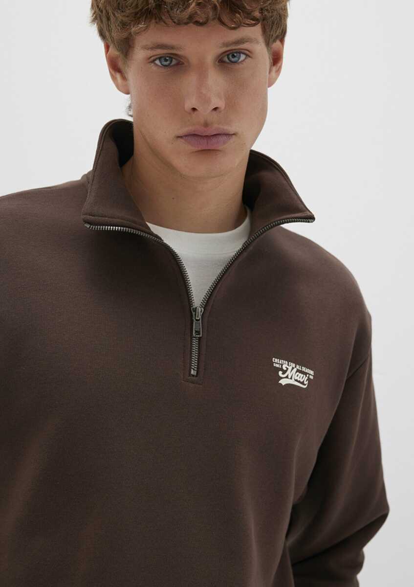 Mavi Logo Baskılı Yarı Fermuarlı Kahverengi Erkek Sweat 0S10465-88067 - 3