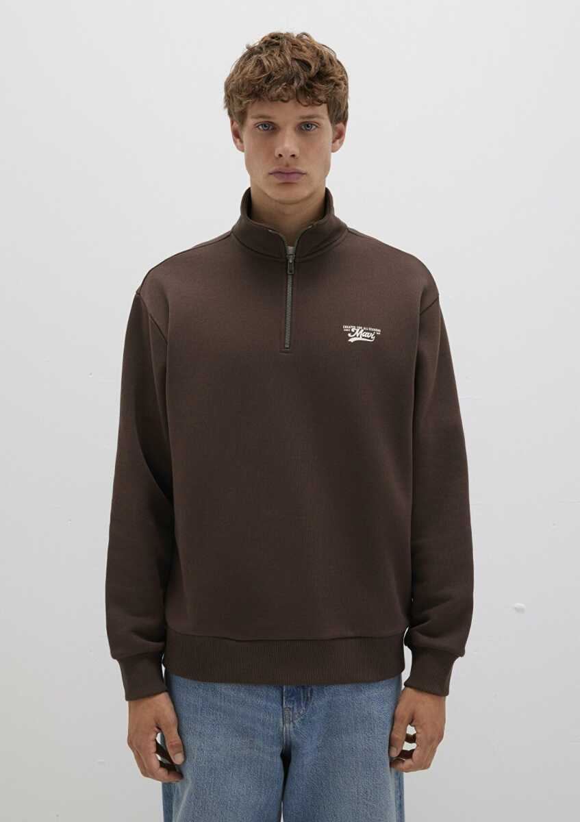 Mavi Logo Baskılı Yarı Fermuarlı Kahverengi Erkek Sweat 0S10465-88067 - 4