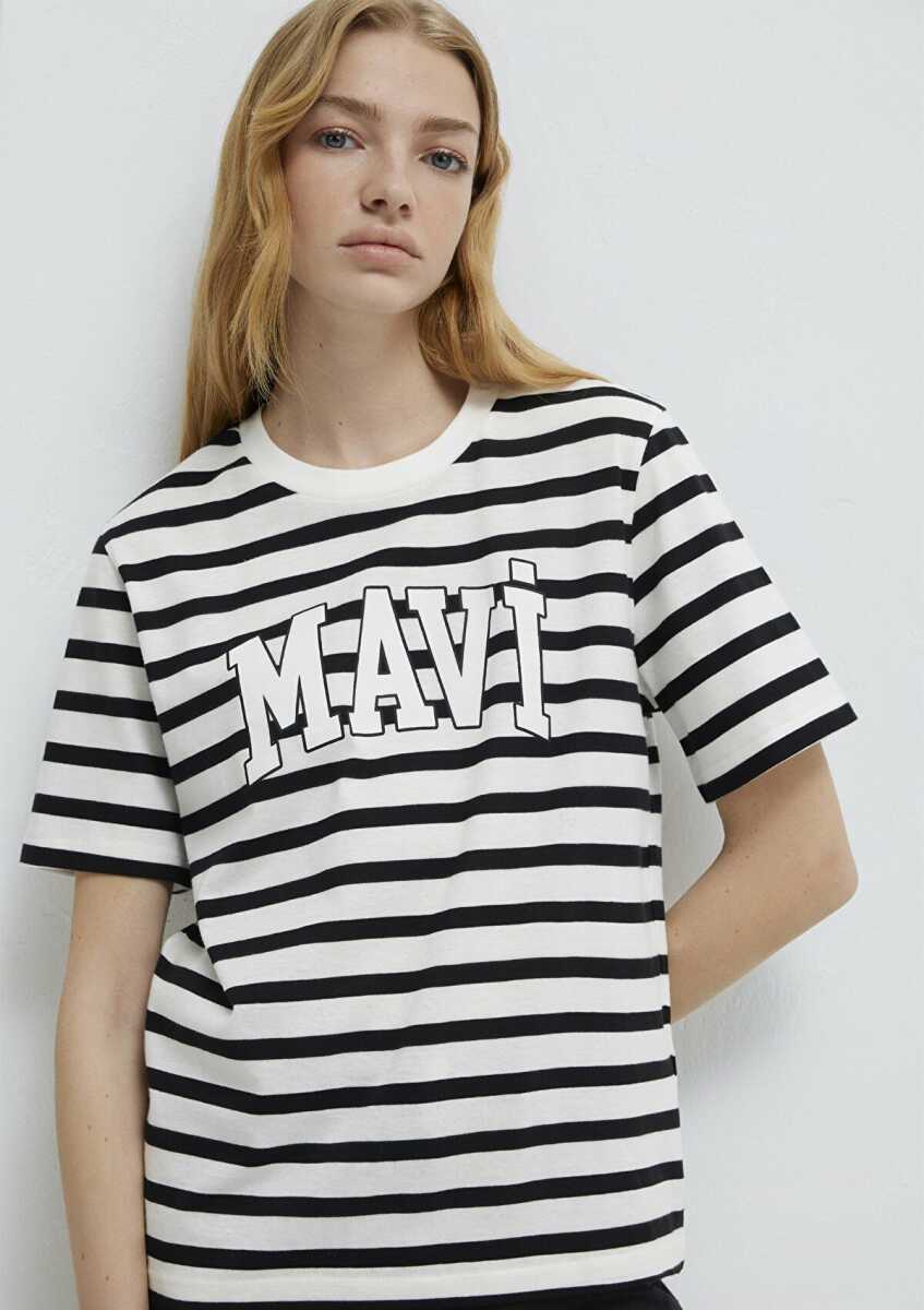 Mavi Logo Siyah Beyaz Çizgili Kadın Tişört 1611360-84041 - 1