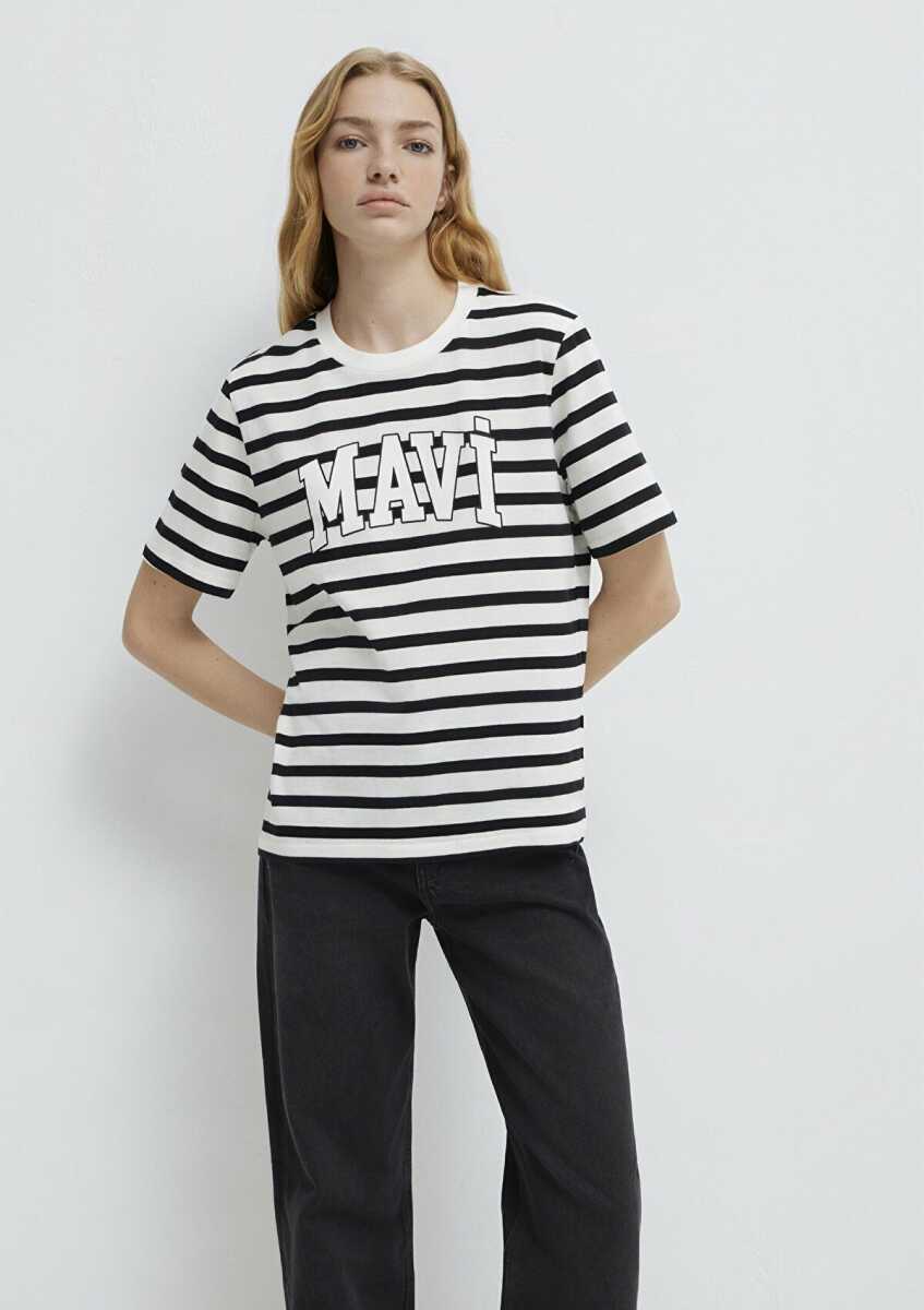 Mavi Logo Siyah Beyaz Çizgili Kadın Tişört 1611360-84041 - 2