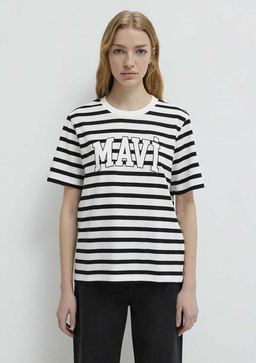 Mavi Logo Siyah Beyaz Çizgili Kadın Tişört 1611360-84041 - 3
