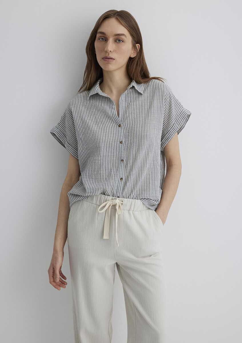 Mavi Loose Fit Gri Çizgili Kadın Gömlek 1210445-89853 - 1