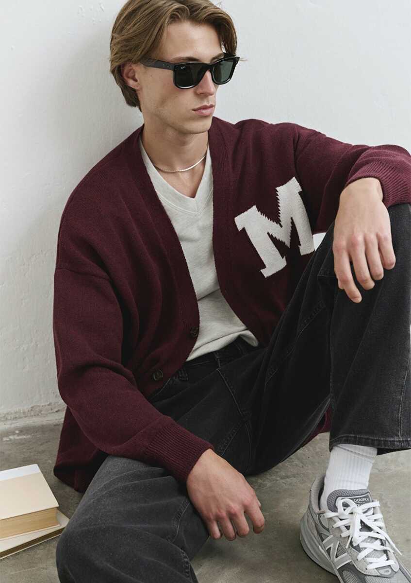 Mavi M Baskılı Bordo Oversize Erkek Hırka 0710288-70414 (1)