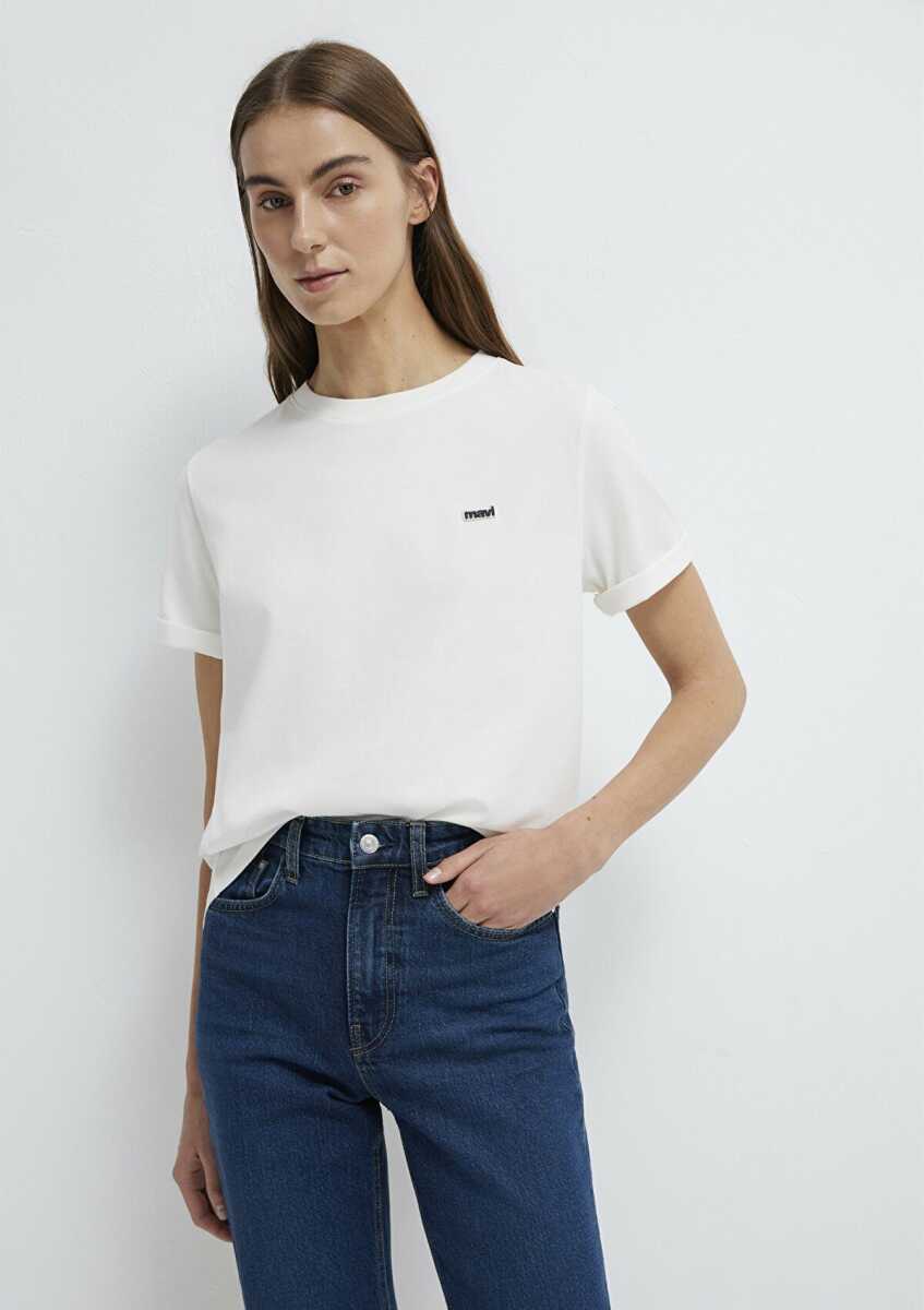 Mavi Mavi Logo Baskılı Ekru Regular Fit Kadın Tişört 1613407-70057 - Mavi