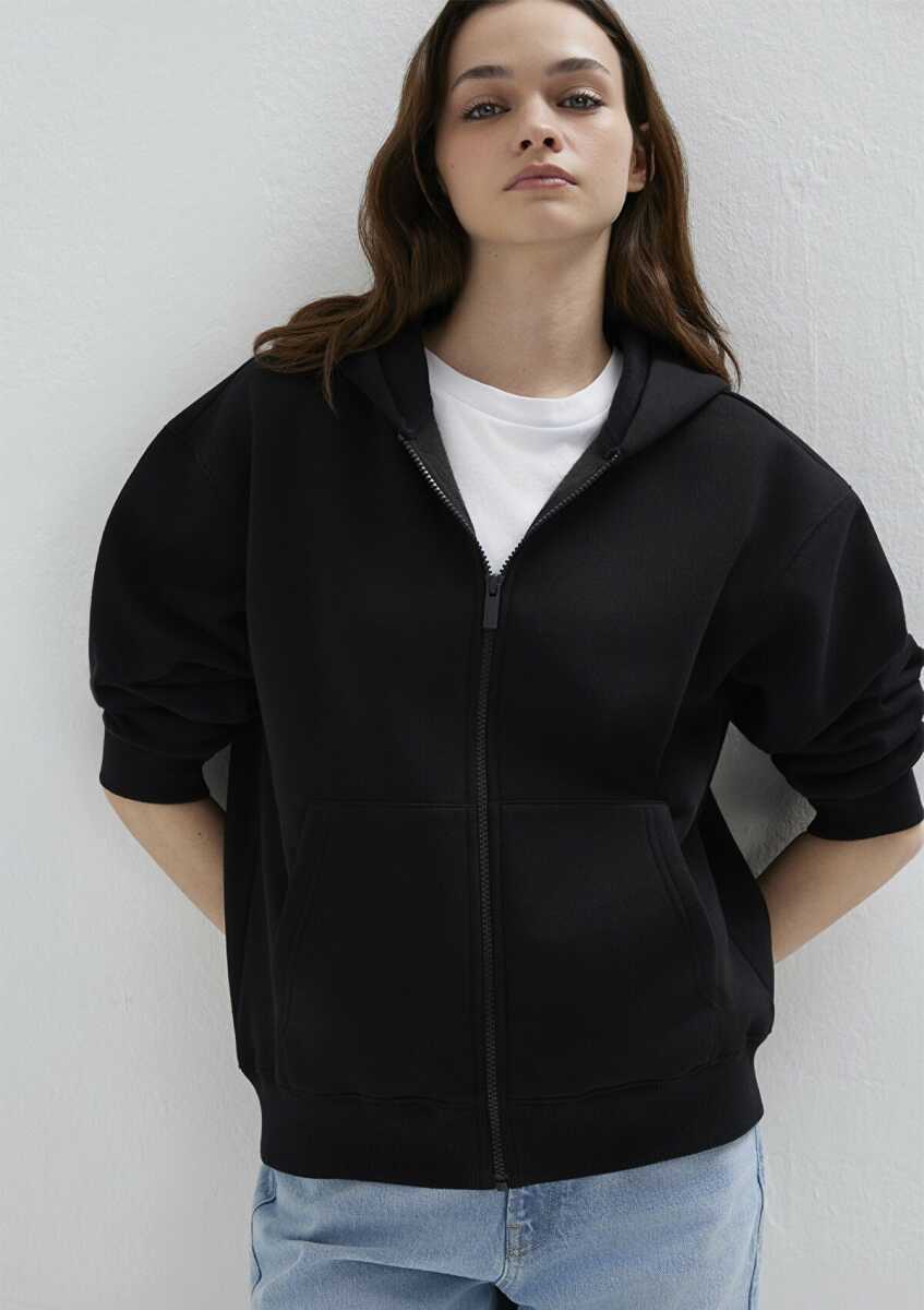 Mavi Mavi Logo Nakış Detaylı Kapüşonlu Siyah Loose Fit Kadın Sweatshirt 1S10532-900