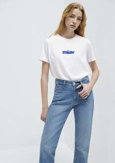 Mavi Miav Baskılı Beyaz Kadın Tişört 1610622-620 