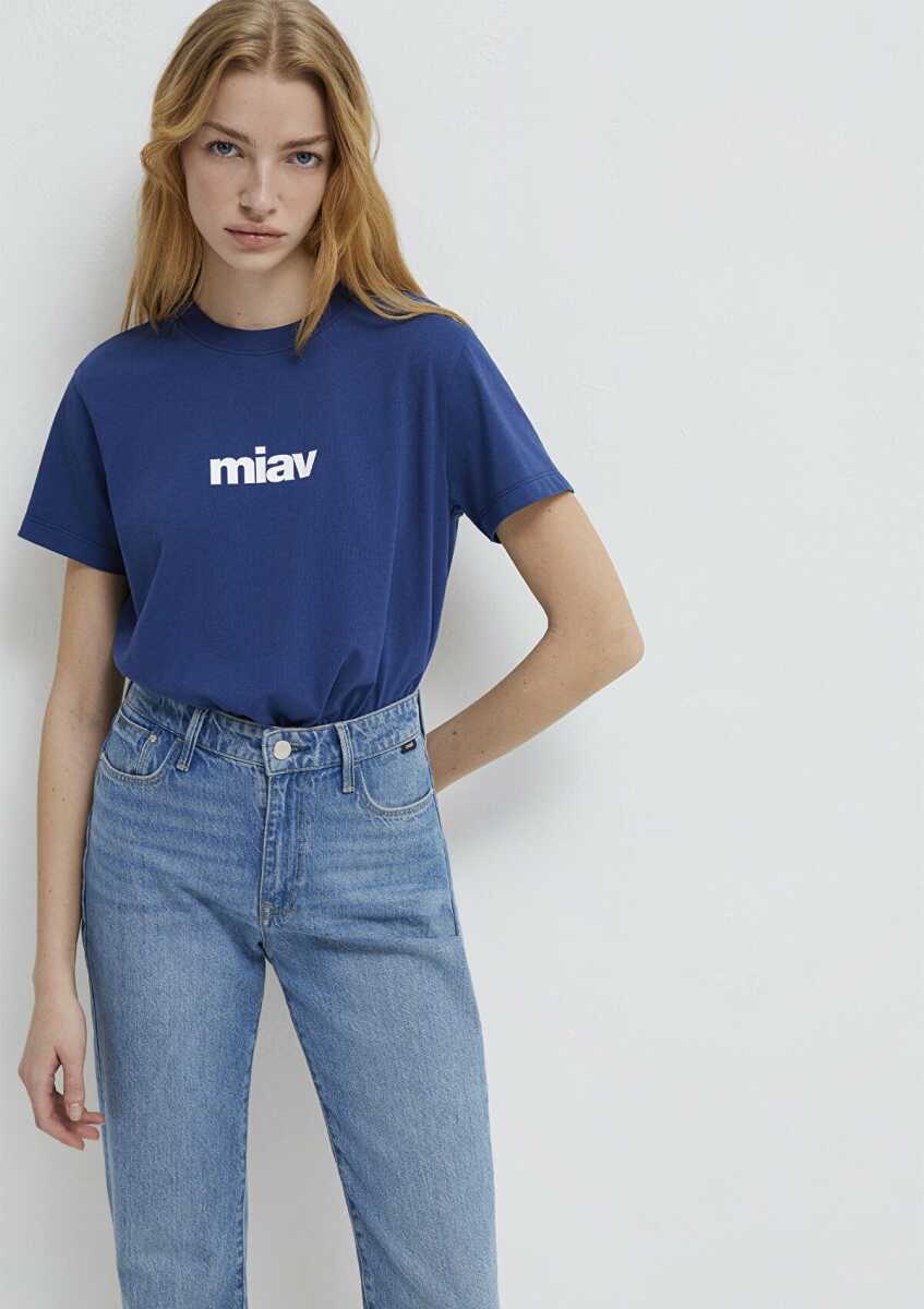 Mavi Miav Baskılı Koyu Saks Mavi Kadın Tişört 1610622-70722 - 1