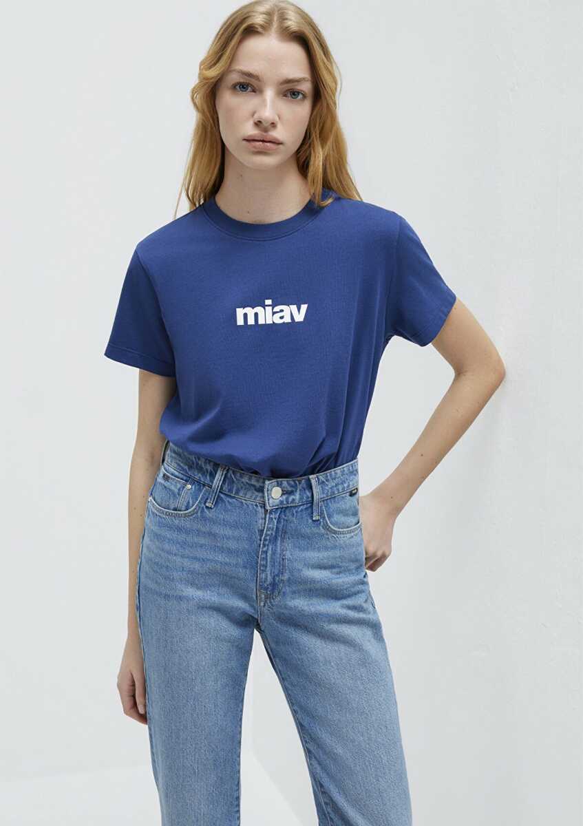 Mavi Miav Baskılı Koyu Saks Mavi Kadın Tişört 1610622-70722 - 2