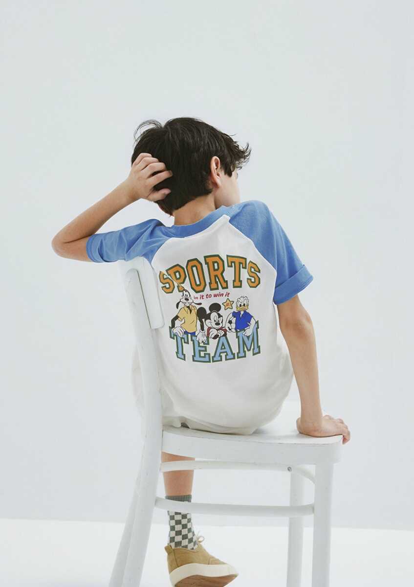 Mavi Mickey Mouse Baskılı Ekru Oversize Çocuk Tişört 6610426-70057 (1)