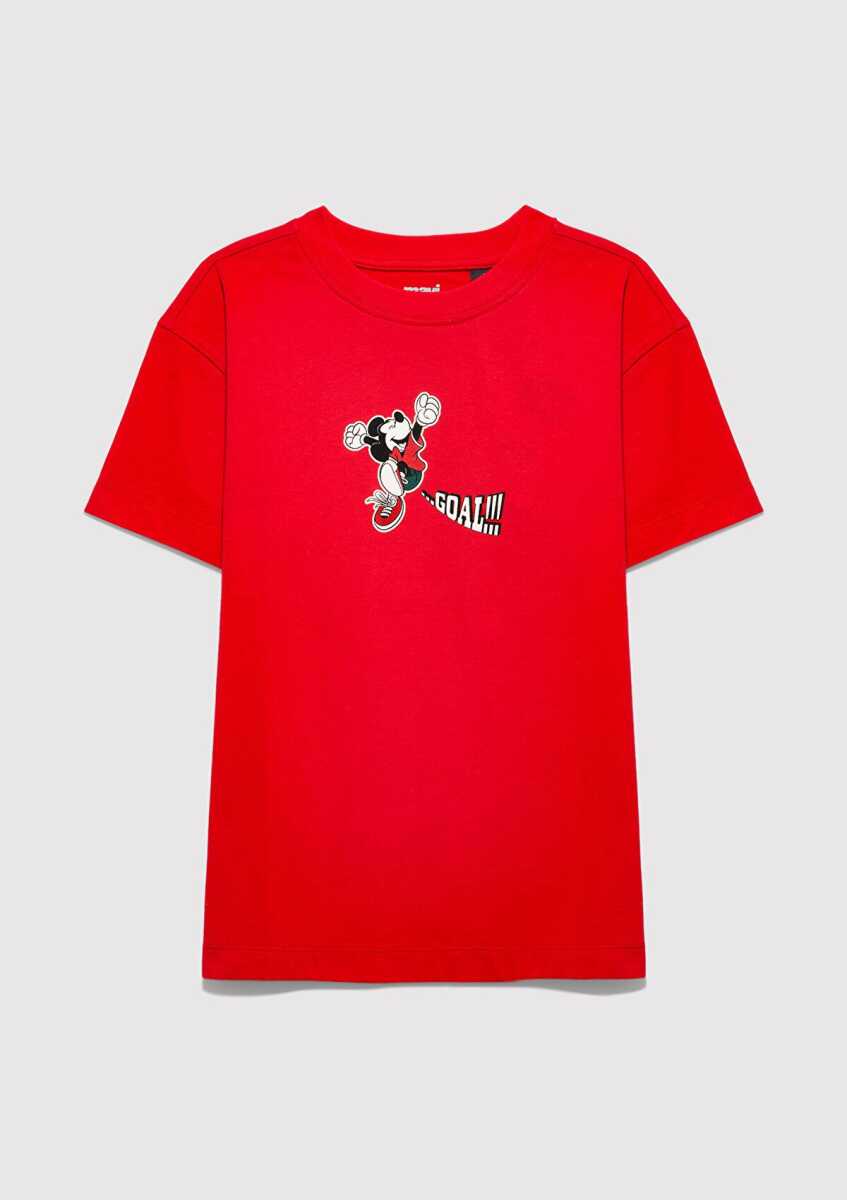 Mavi Mickey Mouse Baskılı Kırmızı Loose Fit Kadın Tişört 6610425-70478