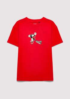 Mavi Mickey Mouse Baskılı Kırmızı Loose Fit Kadın Tişört 6610425-70478 
