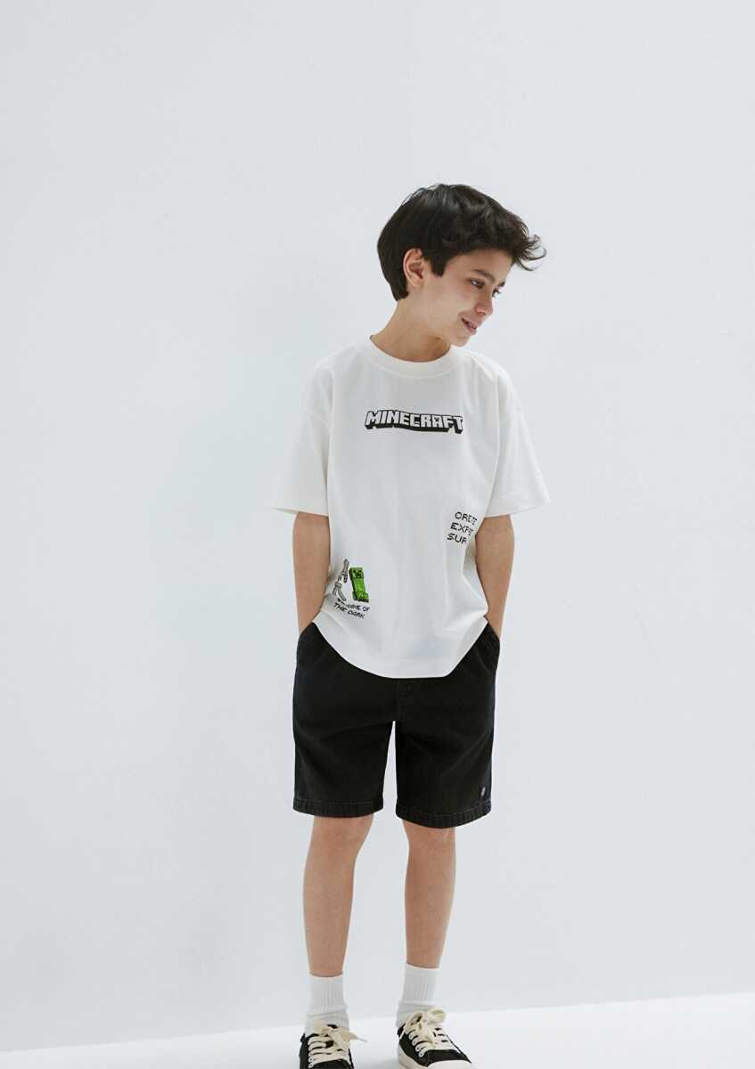 Mavi Minecraft Baskılı Ekru Oversize Çocuk Tişört 6610476-70057