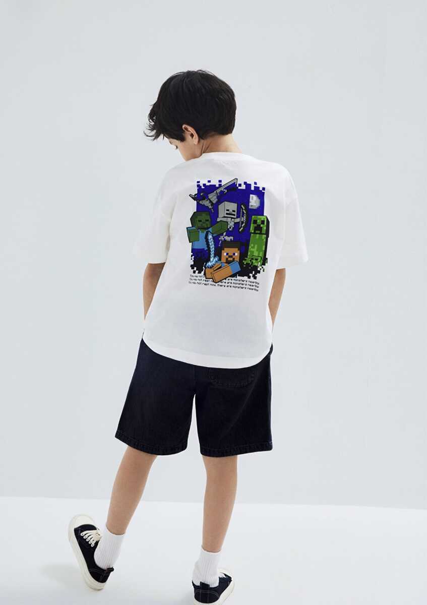 Mavi Minecraft Baskılı Ekru Oversize Çocuk Tişört 6610476-70057 (1)