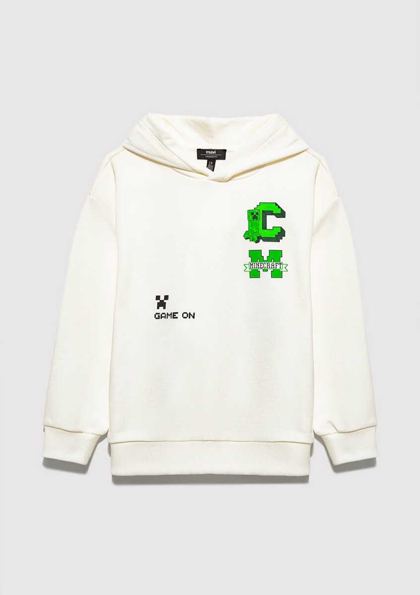 Mavi Minecraft Baskılı Kapüşonlu Ekru Oversıze Çocuk Sweat6S10176-70057 - Mavi