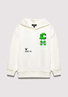 Mavi Minecraft Baskılı Kapüşonlu Ekru Oversıze Çocuk Sweat6S10176-70057 