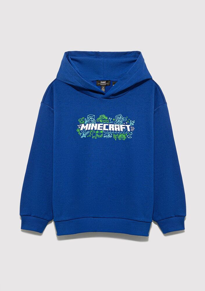 Mavi Minecraft Baskılı Kapüşonlu Mavi Oversıze Çocuk Sweat6S10180-70907
