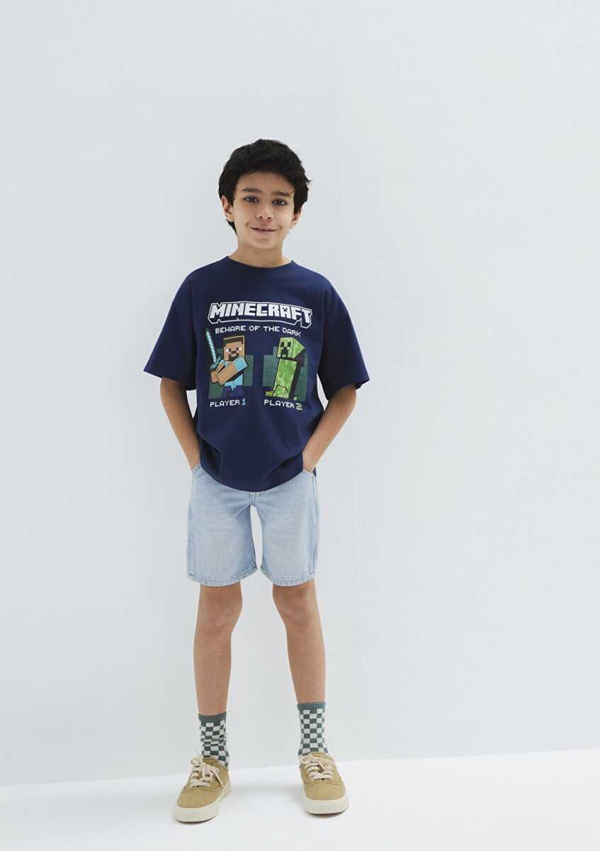 Mavi Minecraft Baskılı Lacivert Oversize Çocuk Tişört 6610475-70491