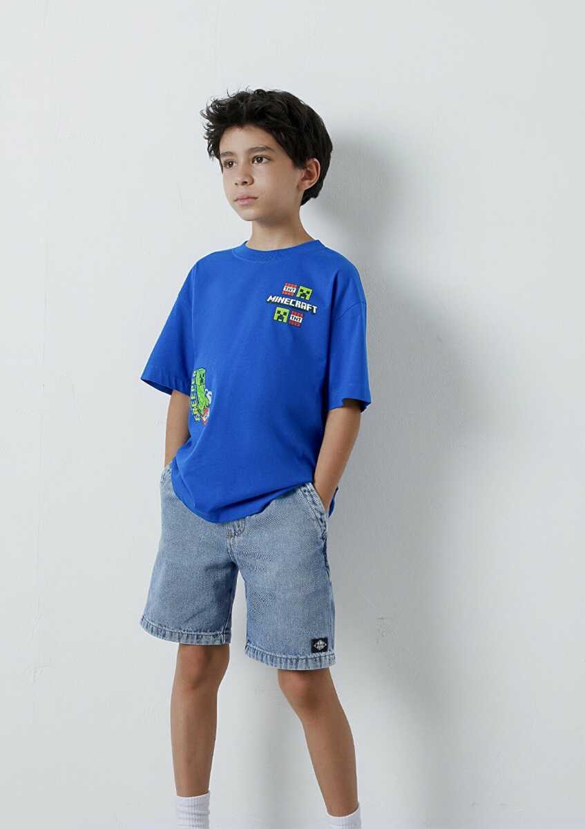 Mavi Minecraft Baskılı Oversize Çocuk Tişört 6610495-70896 - 1