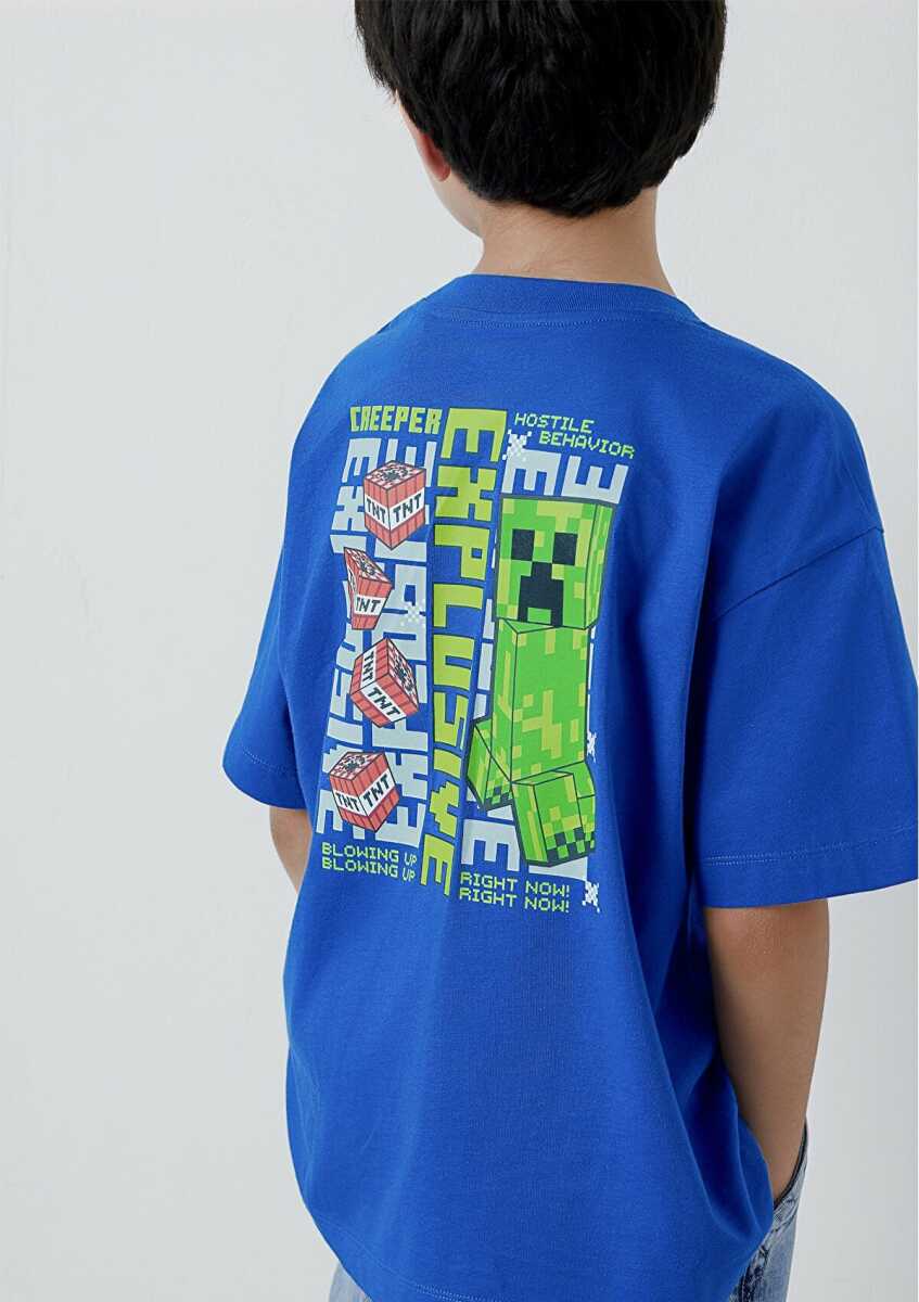 Mavi Minecraft Baskılı Oversize Çocuk Tişört 6610495-70896 - 2