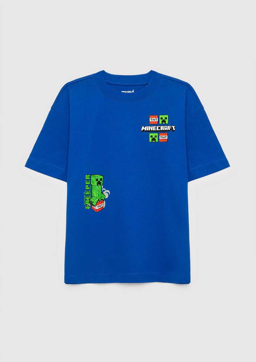 Mavi Minecraft Baskılı Oversize Çocuk Tişört 6610495-70896 - 3