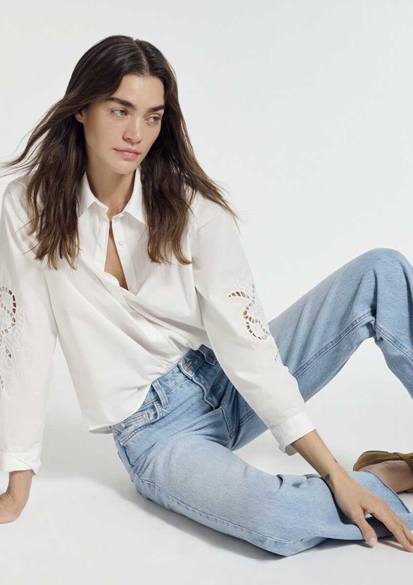 Mavi Nakış Detaylı Ekru Loose Fit Kadın Gömlek 1211382-70057 (1)