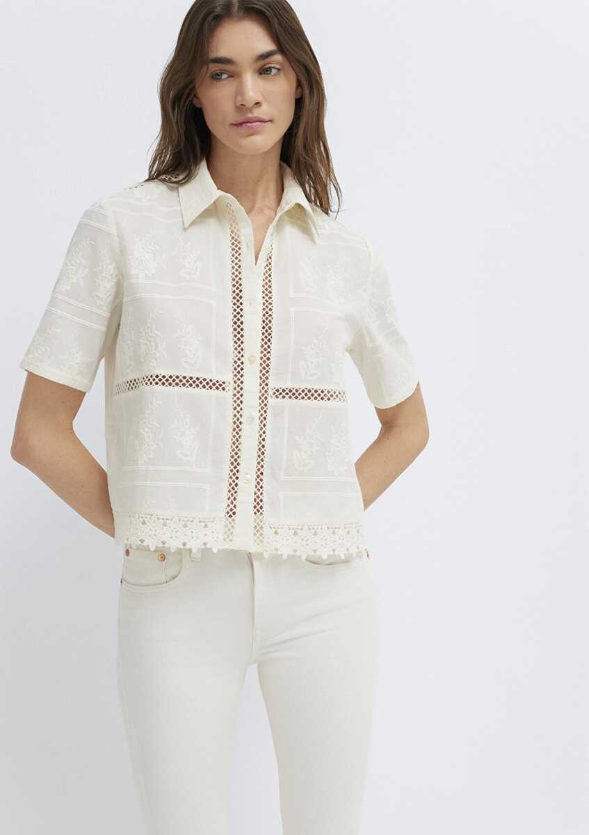 Mavi Nakış Detaylı Ekru Regular Fit Kadın Gömlek 1211465-70060