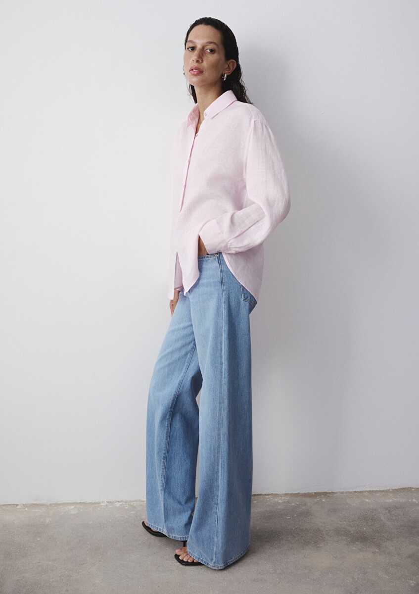 Mavi Pembe Keten Loose Fit Kadın Gömlek 1210747-90773