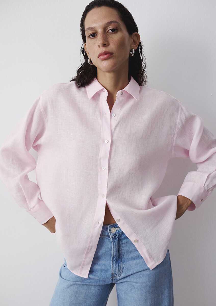 Mavi Pembe Keten Loose Fit Kadın Gömlek 1210747-90773 (1)
